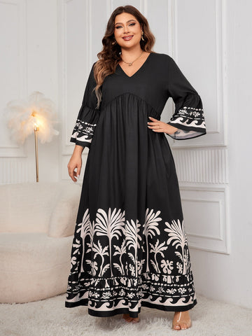 Bedrucktes Maxikleid mit V-Ausschnitt und langen Ärmeln in Übergröße