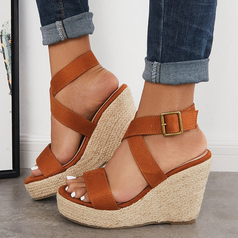 Criss Cross Ankle Strap Espadrille Wedge Platform Sandals
