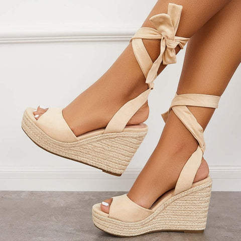 Lace up Espadrille Heel Platform Wedges Ankle Strap Sandals