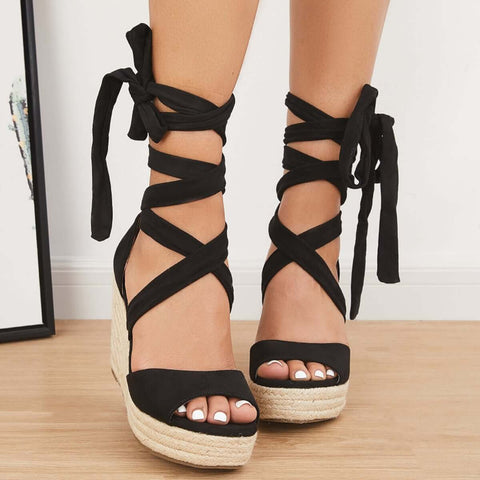 Summer Lace Up Espadrille Heel Platform Wedge Sandals