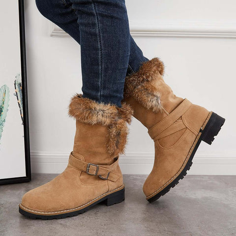 Warm Fur Mid Calf Snow Boots Block Heel Furry Winter Booties