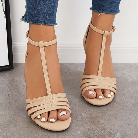 Block Chunky High Dress Heels Open Toe Ankle T-Strap Sandals