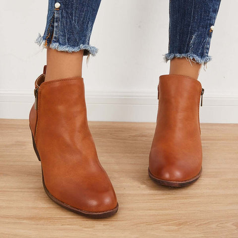 Chunky Block Heel Ankle Boots Side Zipper Booties