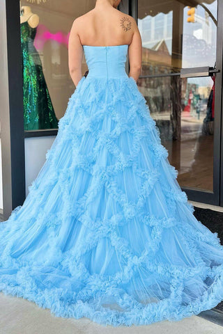 Elegant A Line Strapless Blue Long Prom Dress with Ruffles