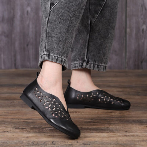 Retro Soft Hollow Leather Flat Summer Casual Shoes