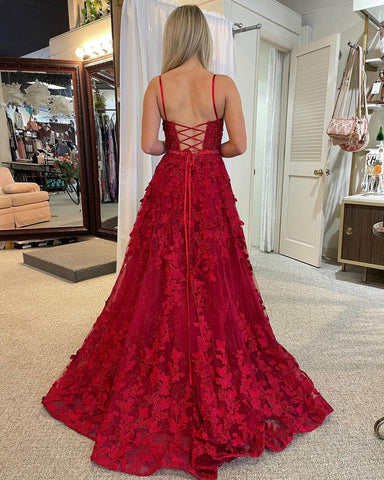 Süßes A-Linien-Ballkleid mit U-Ausschnitt und roter Spitze und Perlen