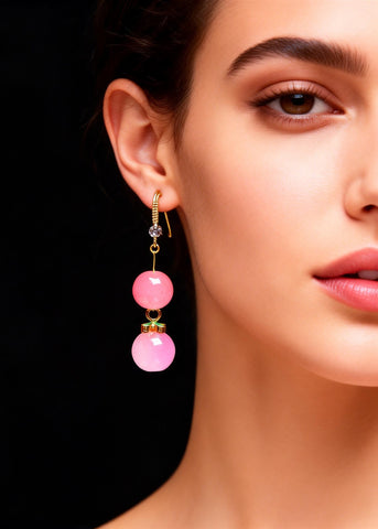 Women Pink Acrylic Ball Zircon Drop Earrings