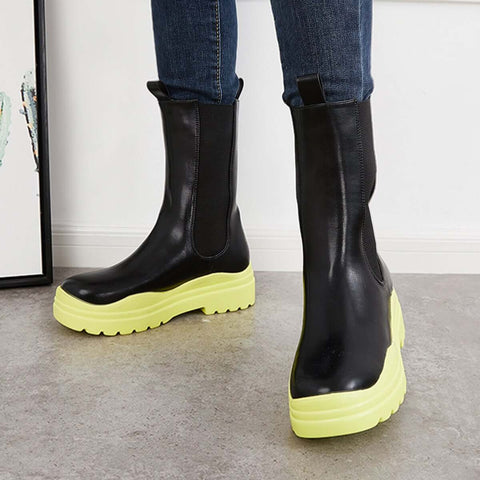 Platform Lug Sole Mid Calf Chelsea Boots Chunky Block Heel Booties
