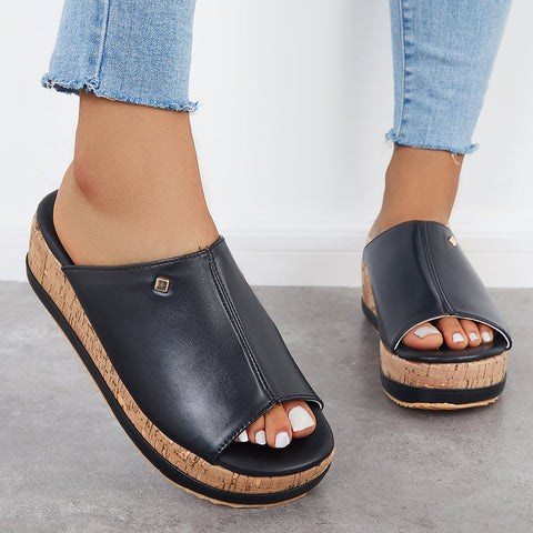 Bequeme Slip-on-Sandalen mit Kork-Fußbett und Plateau-Keilabsatz
