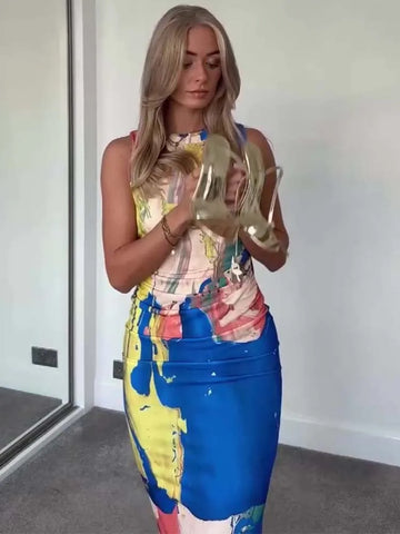 Print Tulle Long Dresses for Women  Ruched Midi Dress Woman Sexy Backless Party Dresses Sleeveless Summer Dress Women