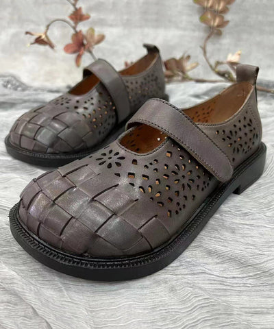 Retro Splicing Hollow Out Flache Schuhe Braunes Rindsleder
