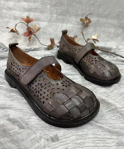 Retro Splicing Hollow Out Flache Schuhe Braunes Rindsleder