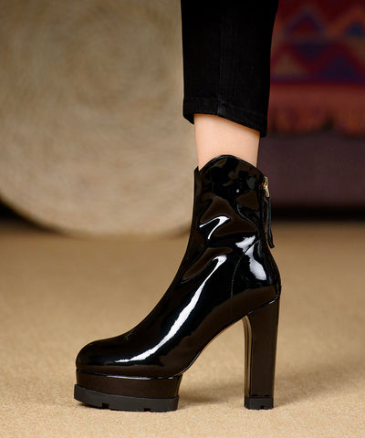 Style High Heel Ankle Boots Black Cowhide Lacquer Leather