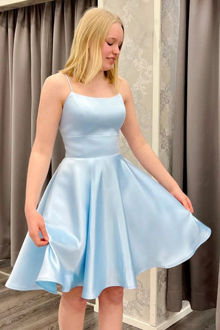 Simple A Line Spaghetti Straps Blue Short Homecoming Dress