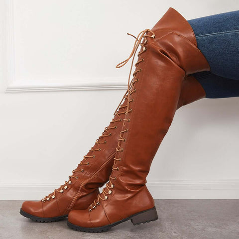 Chunky Heel Lace Up Over The Knee Thing High Riding Boots