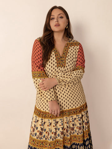 Plus Size Boho Long Sleeve Maxi Resort Dress