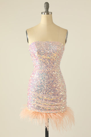 Pink Sequin Homecoming Dress with Feathers