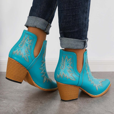 Western Ankle Cowgirl Boots Slip on Cutout Chunky Heel Booties