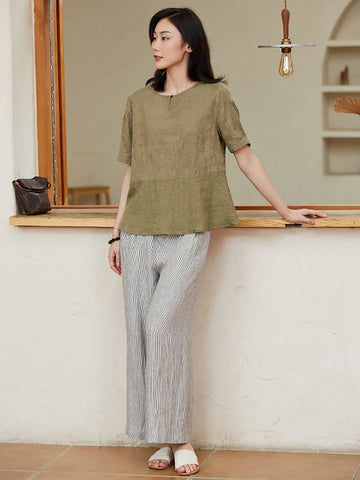 Women Summer Vintage Stripe Thin Loose Wide-leg Linen Pants