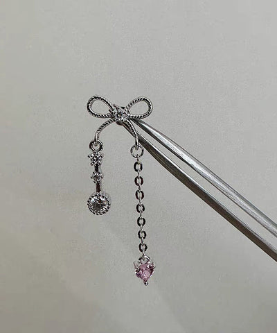DIY Silk Copper Zircon Love Bow Tassel Single Drop Earrings