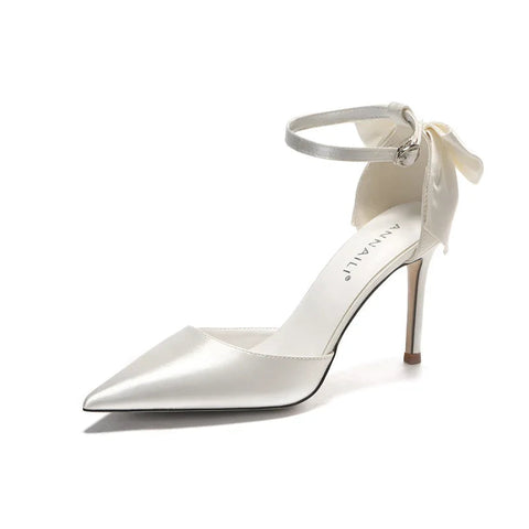 2024 New High Heels Women's Thin Heel Strap Satin White Wedding Shoes Butterfly Bridal Shoes