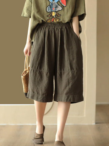 Women Summer Vintage Solid Spliced Pocket Loose Linen Pants