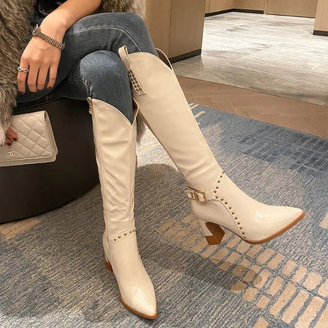 - White Pointed Toe Rivet Western Boots Pu Leather Side Zipper High Heels Knee High Boots Newest Fashion Autumn Winter Women Shoes