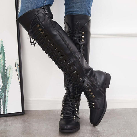Chunky Heel Lace Up Over The Knee Thing High Riding Boots