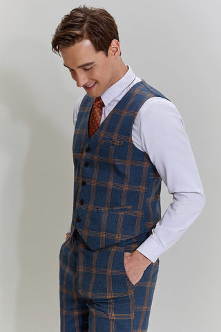 Grey Blue Men's 3 Piece Plaid Notched Lapel Prom Suits