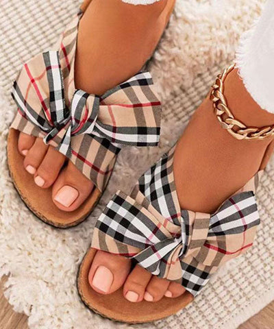 0508Casual Khaki Beach Slide Sandals Splicing Bow Canvas