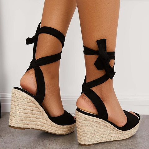 Lace up Espadrille Heel Platform Wedges Ankle Strap Sandals
