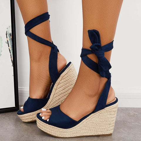 Lace up Espadrille Heel Platform Wedges Ankle Strap Sandals