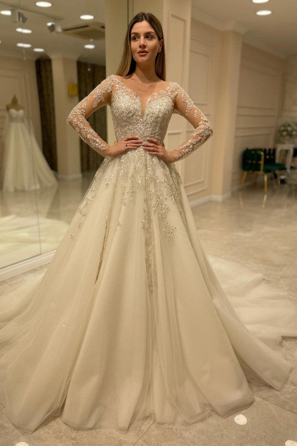 Bmbridal Long Sleeves Wedding Dress Lace Appliques A-Line