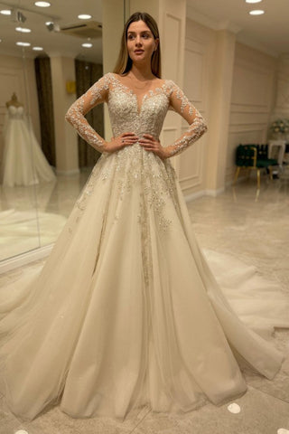 Bmbridal Long Sleeves Wedding Dress Lace Appliques A-Line