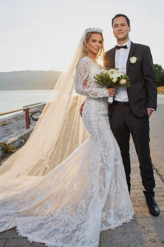 Bmbridal Long Sleeves V-Neck Bridal Gowns Mermaid Lace Appliques