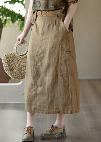 Classy Khaki Patchwork High Waist Linen A Line Skirts Summer