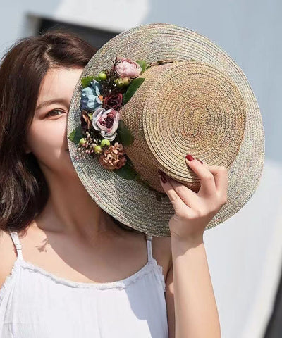 Gewebter Strohhut mit Blumenmuster im japanischen Urlaubsstil