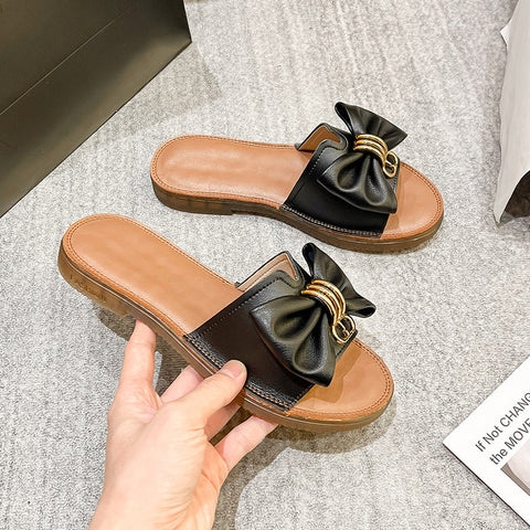 Women 2022 Retro Fashion Leather Bowknot Slippers