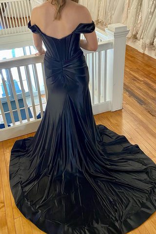 Mermaid Off the Shoulder Green Long Prom Dress with Split Front