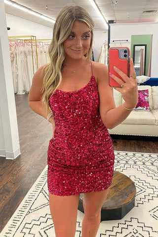 Unique Sheath Spaghetti Straps Fuchsia Sequins Short Homecoming Dress