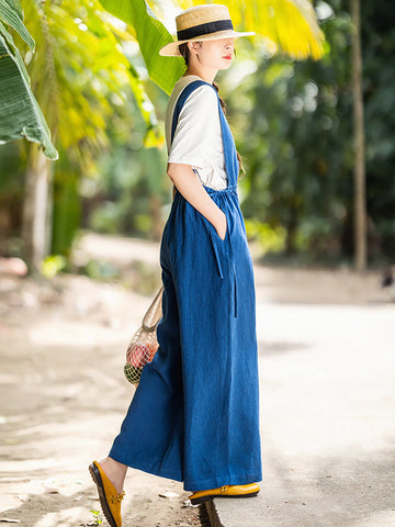 Women Summer Solid Drawstring Pocket V-Neck Linen Jumpsuits