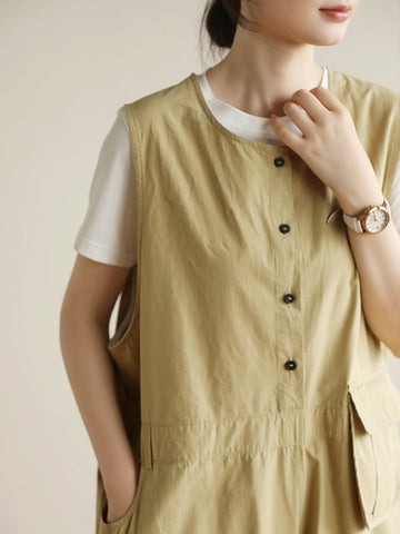 Women Summer Solid Retro Pocket Button Vest Short Jumpsuits