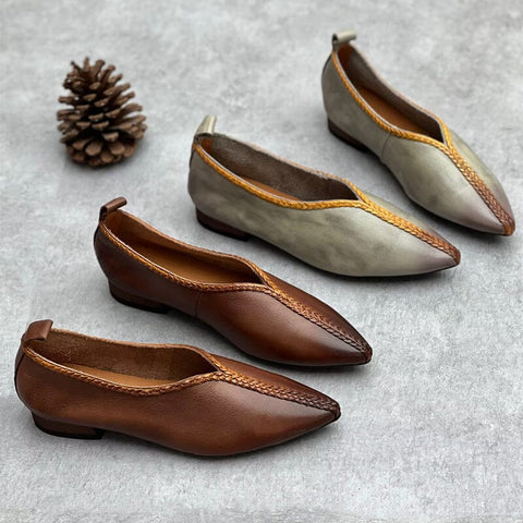 Spring Retro Pointed Toe Leather Low Heel Casual Shoes
