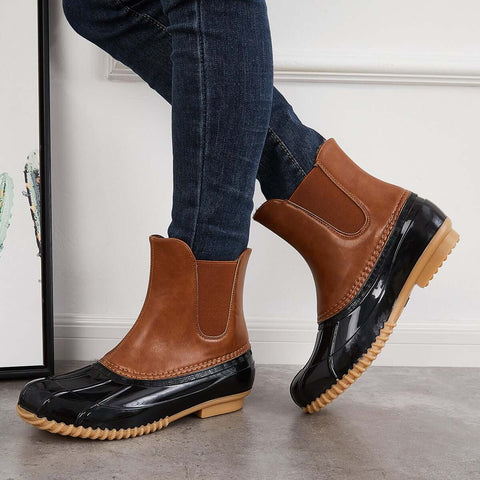 Waterproof Slip on Duck Booties Two Tone Chelsea Ankle Boots