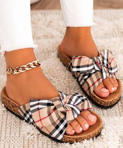 0508Casual Khaki Beach Slide Sandals Splicing Bow Canvas