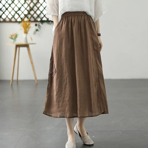 Summer Retro Loose Patchwork Linen A-Line Skirt