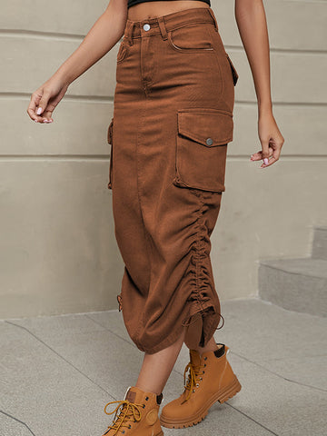 Khaki Buttoned Drawstring Pockets Solid Color Split-Side A-Line Skirts Bottoms