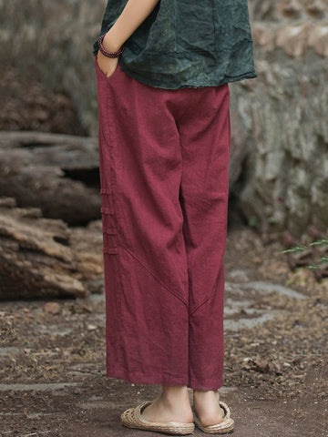 Women Vintage Solid Summer Straight Ramie Pants