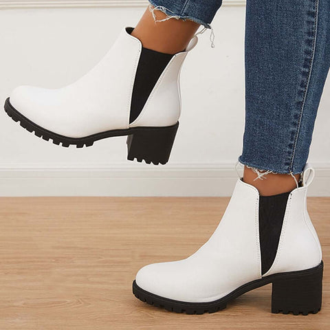 Faux Leather Chelsea Lug Boots Slip-On Chunky Heel Ankle Booties