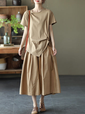 Women Summer Casual Solid Stitching Pocket Loose Skirt